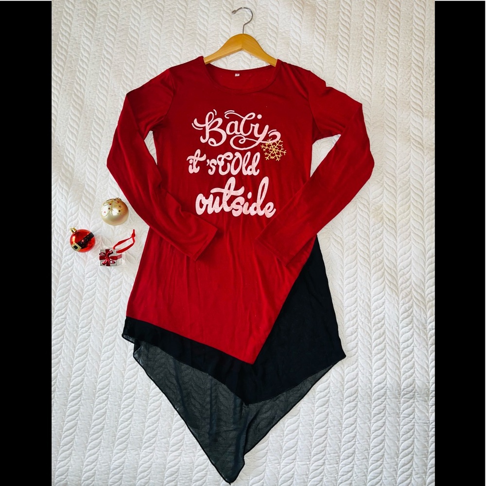Very cute 2 tone asymmetrical, long sleeve festive Christmas top
